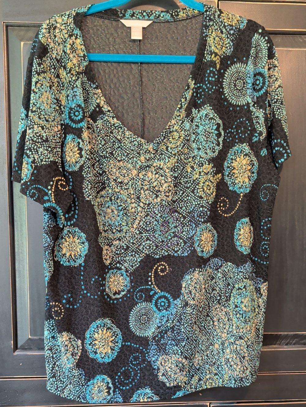 Women's Black V-Neck Floral Print Top - Teal & Gold Accents